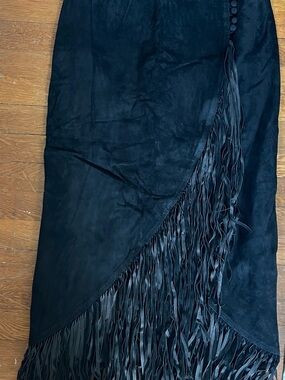 Melanzana Black Suede Fringe Wrap Skirt